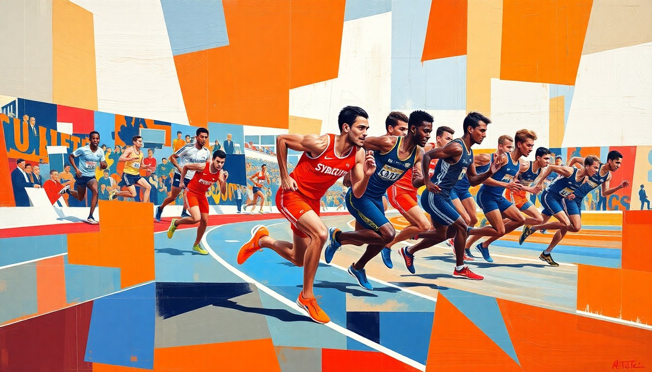 A cubist, geometric painting depicting a track and field competition, with overlapping planes of orange, blue, and white representing the Syracuse University colors.
