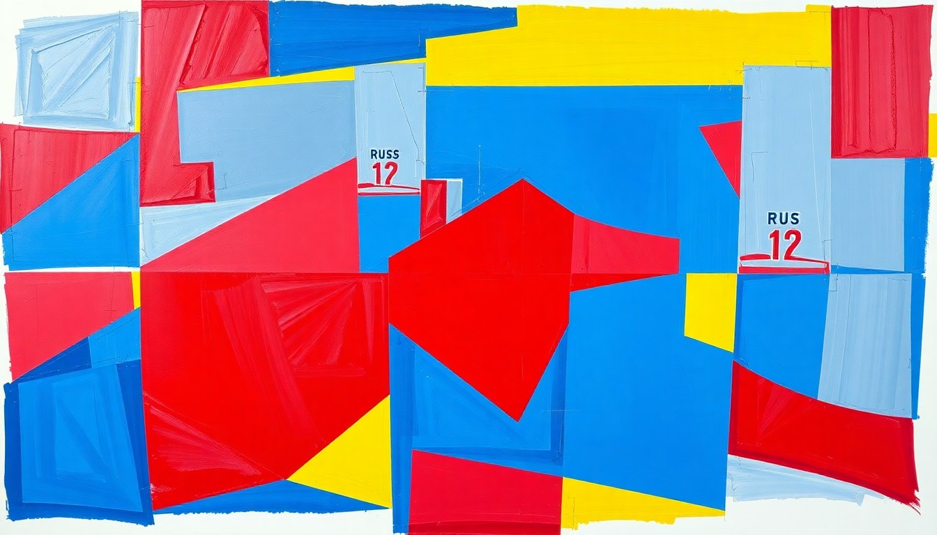A cubist, geometric painting depicting the Phillies' seven-run first inning against the Rockies, with sharp, overlapping planes of bright red, blue, and yellow representing the dynamic offensive action.
