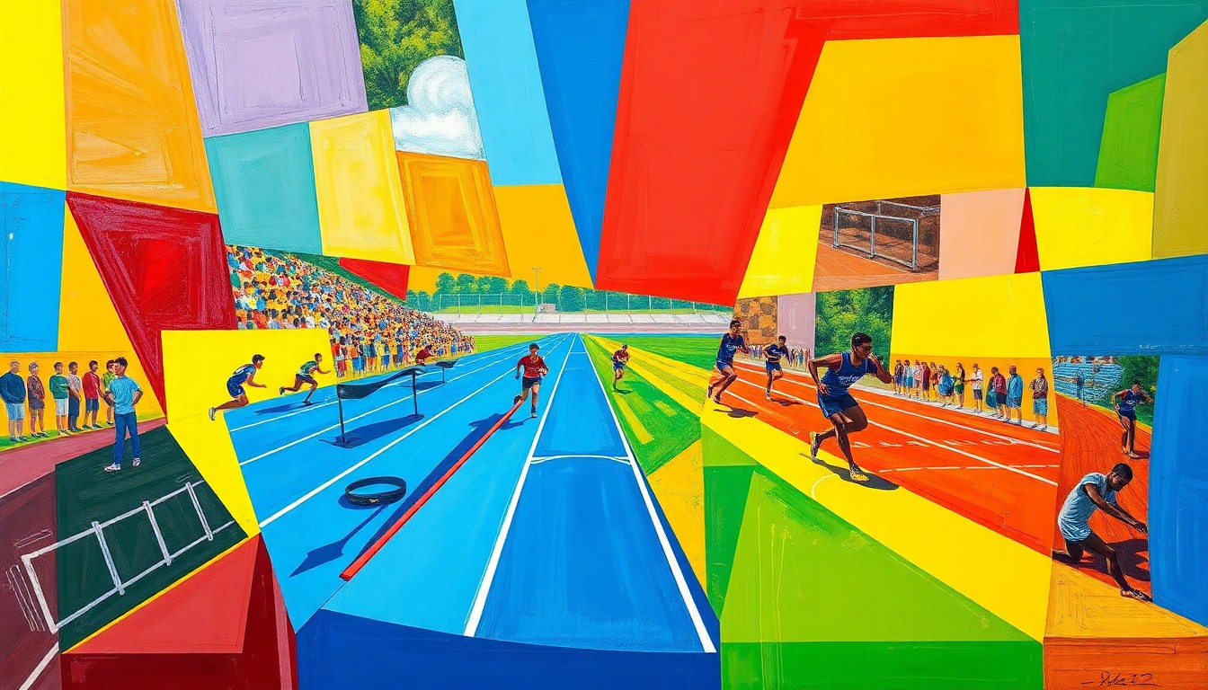 A vibrant, fragmented painting depicting the dynamic action of a track and field event, with athletes' bodies and equipment broken down into sharp, overlapping geometric shapes and planes of color.