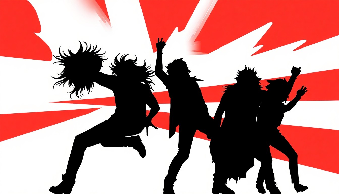 A striking abstract illustration featuring bold black silhouettes of musicians against a high-contrast red and white background, capturing the raw energy and rebellious spirit of the punk rock concert.