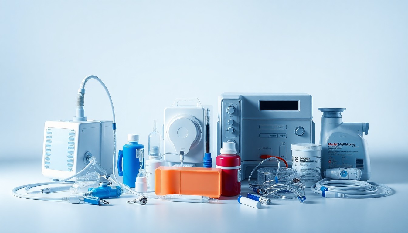 A photorealistic studio still life featuring a collection of medical devices and consumables, including a ventilator, catheter, and other critical care equipment, arranged elegantly on a clean, monochromatic background to represent the abstract concept of a robust healthcare supply chain.