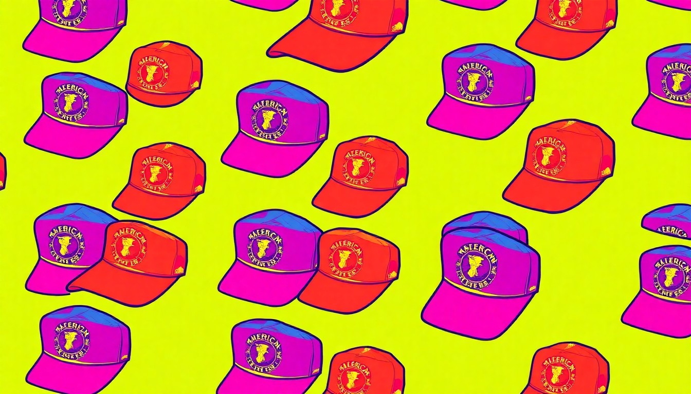 A bold, stylized illustration of an American Legion cap repeated in a grid pattern, using bright neon colors and heavy black outlines to create a modern pop art effect, conceptually representing the recognition of the Roseau Legion's community impact.