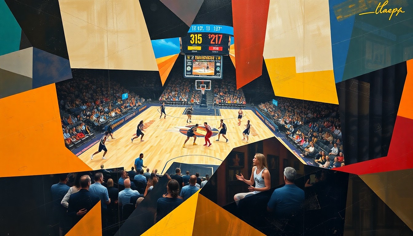 A cubist, geometric painting depicting a fragmented WNBA basketball game, with sharp, overlapping planes of color representing the dynamic action on the court.