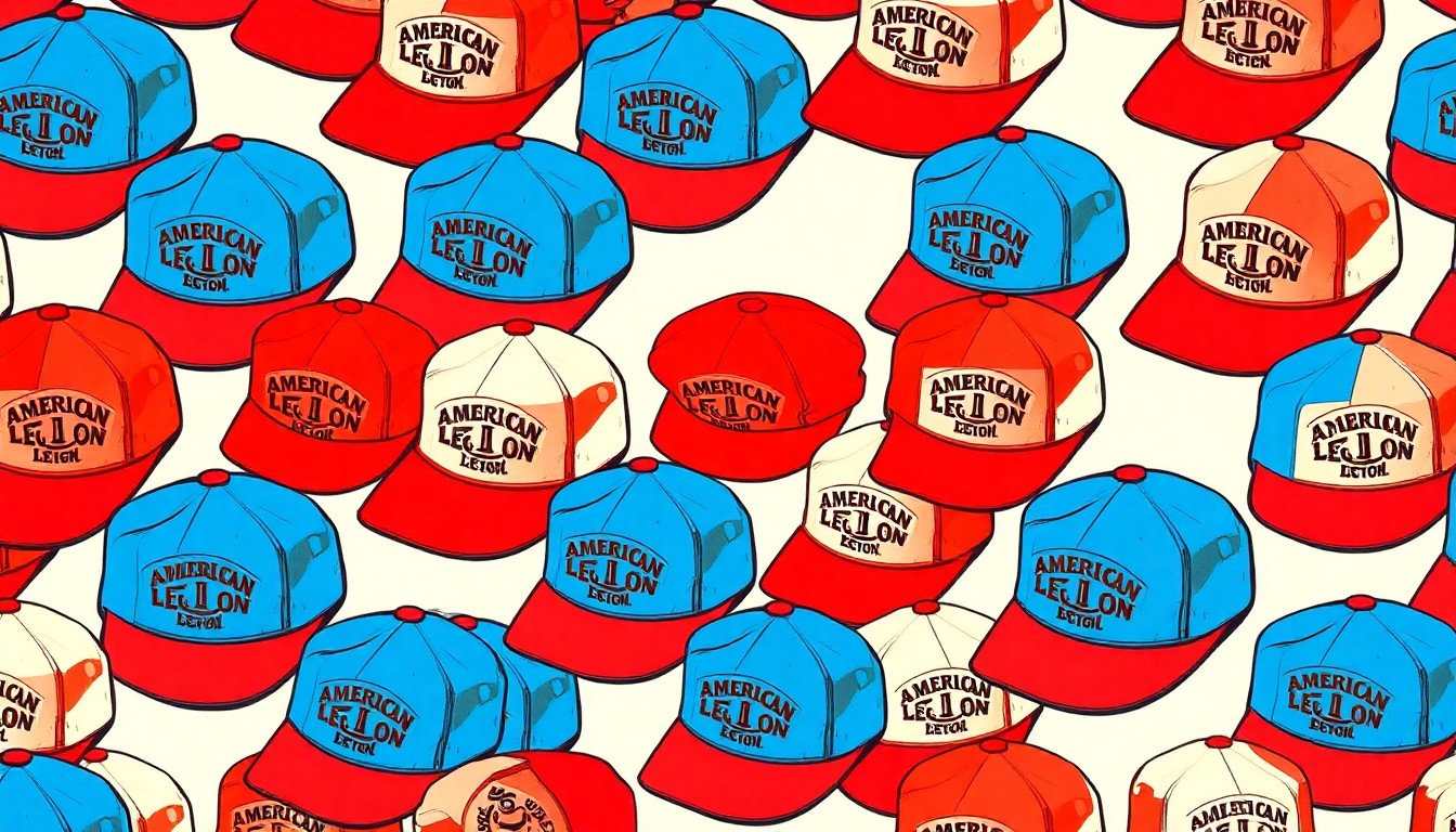 A grid of stylized American Legion caps in bright neon red, white, and blue colors, conceptually representing the organization's community impact.