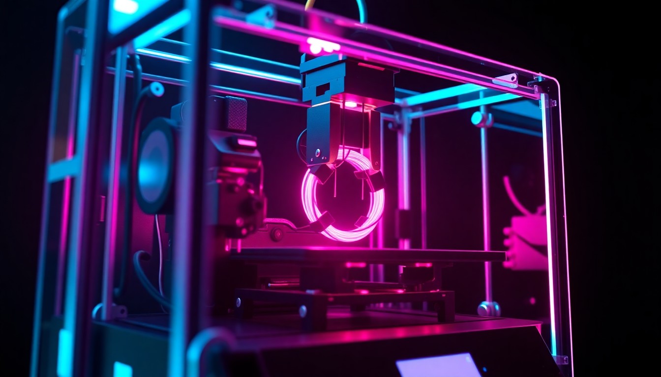 A highly detailed, glowing 3D macro illustration of a filament 3D printer, with neon cyan and magenta lights illuminating the intricate mechanical components, set against a dark, shadowy background to represent the technological innovation at the heart of the course.