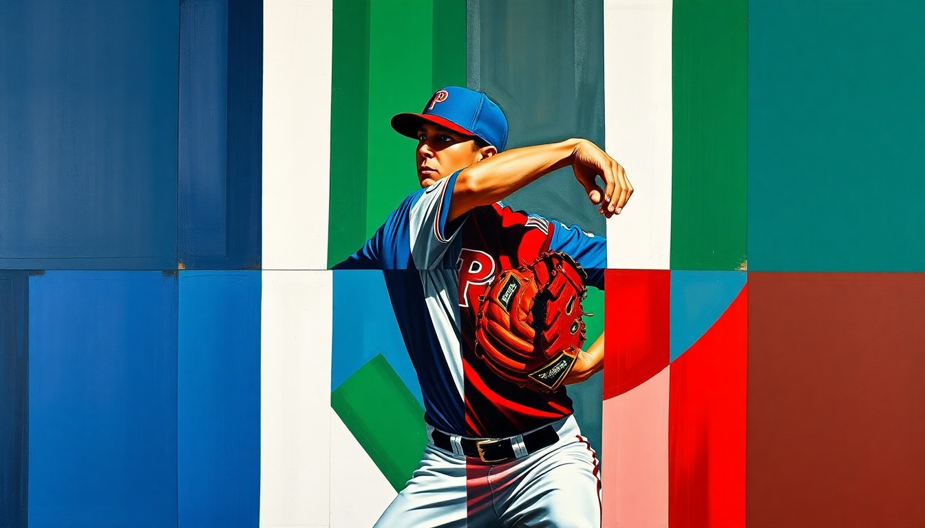 A fractured, multi-perspective painting depicting the windup and delivery of a high school baseball pitcher, with sharp, overlapping geometric planes in a vibrant color palette conveying the raw energy and intensity of the sport.