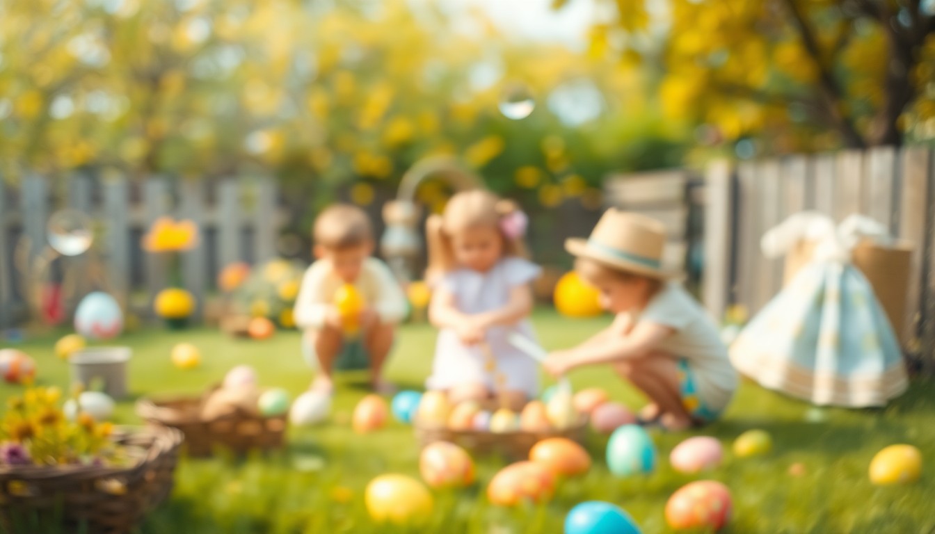An abstract, out-of-focus photograph composed of vibrant, colorful shapes and textures representing a springtime festival scene with children playing and Easter eggs, conveying a sense of warmth and celebration.