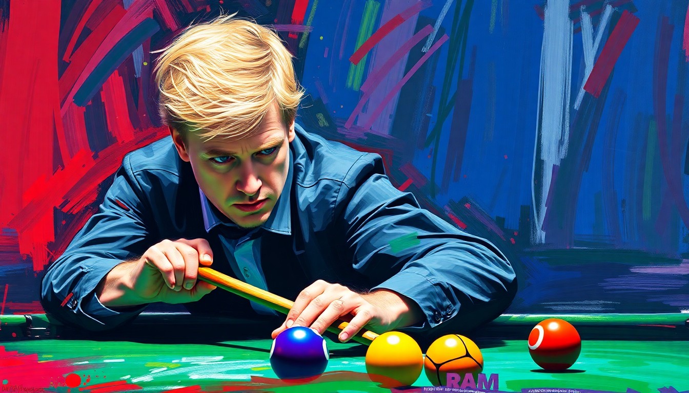 An abstract painting with bold, energetic brushstrokes in neon shades of blue, green, and orange, conveying the intense focus and competitive spirit of a high-level snooker match.