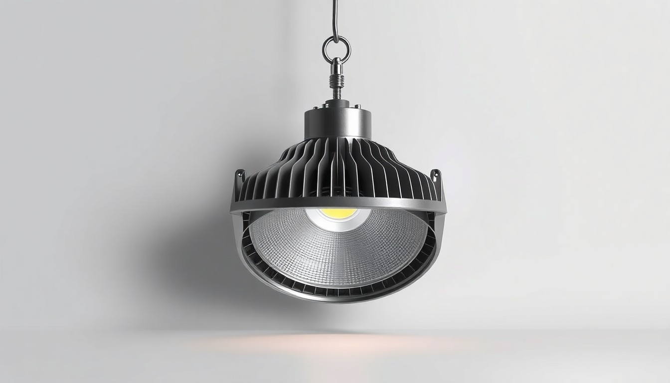 A photorealistic studio still-life image of a metallic, geometric rack-ready luminaire fixture against a clean, monochromatic background, using dramatic lighting to emphasize the product's premium design.