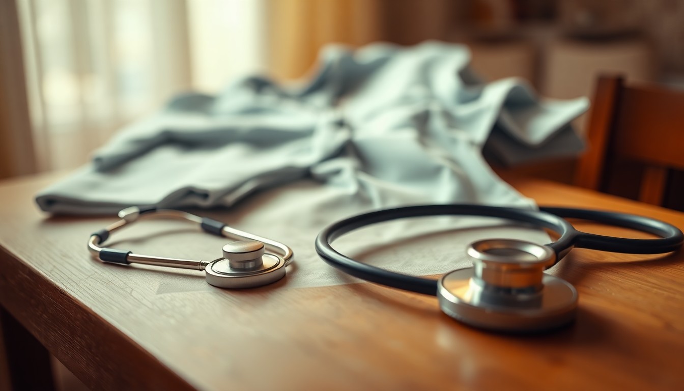 An extremely abstracted, out-of-focus photograph in warm, muted tones depicting medical equipment and a nurse's uniform, conveying the compassionate spirit of a lifelong caregiver.