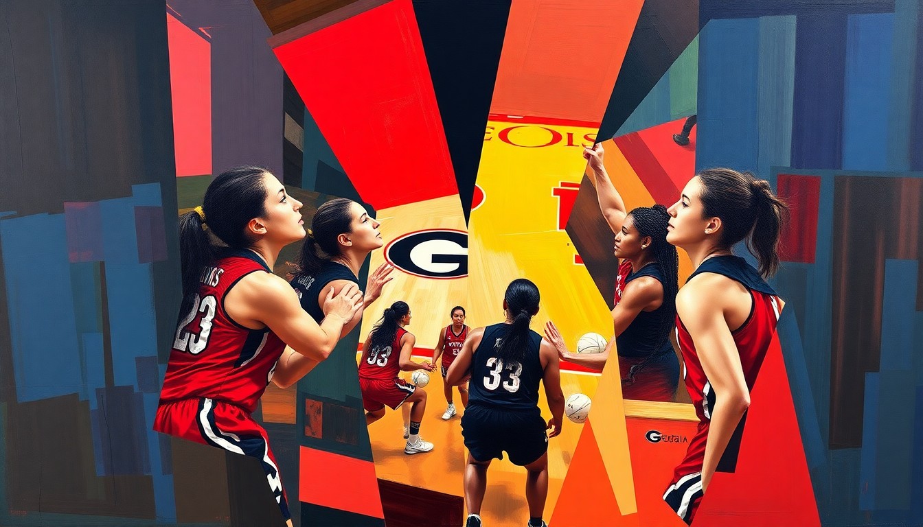 A cubist, geometric painting depicting a fragmented, multi-angled view of a women's basketball game, with the Georgia Bulldogs' red and black uniforms visible through the abstract shapes and planes.