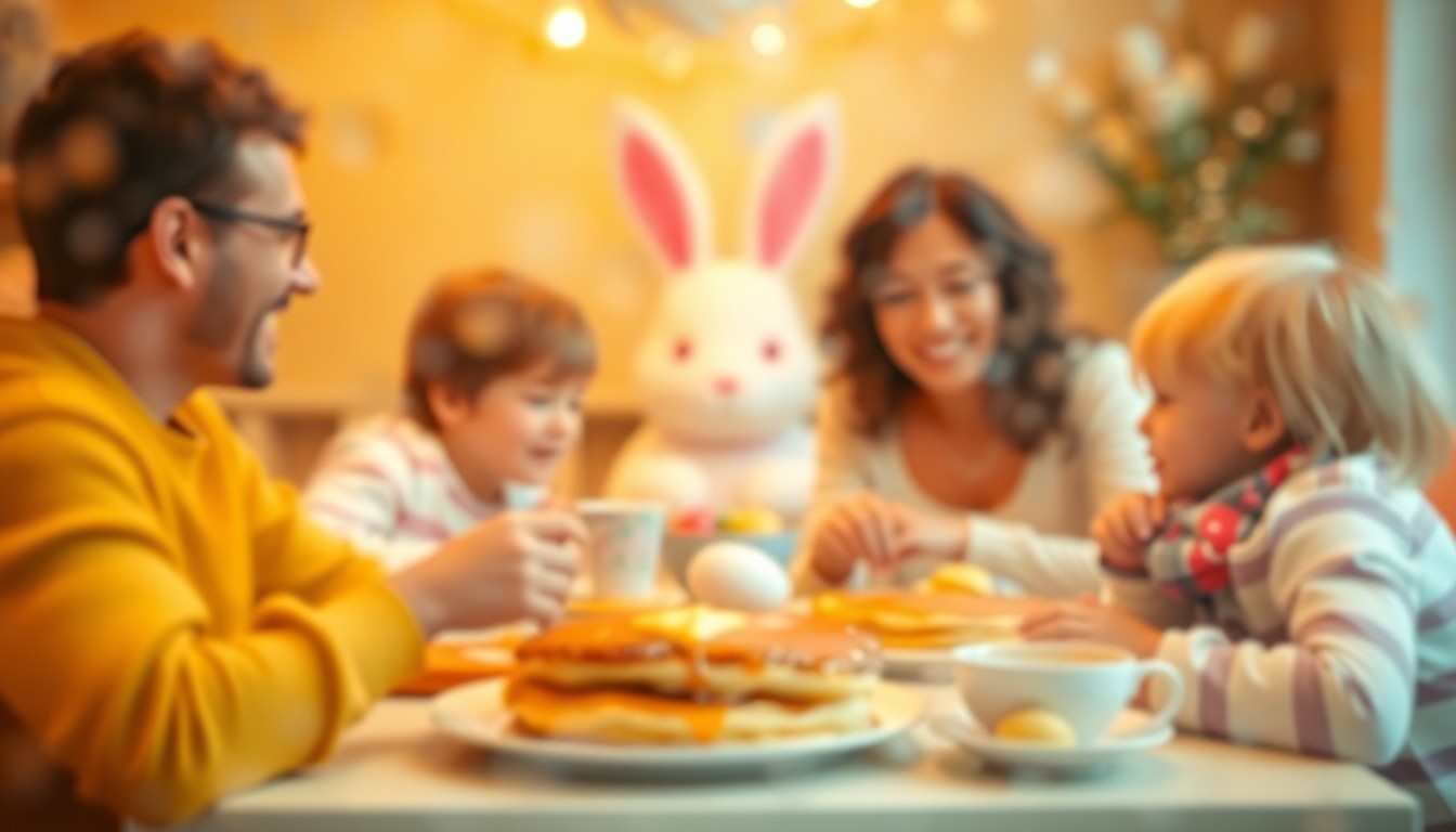 An abstract, out-of-focus photograph depicting a warm, blurred scene of families enjoying a pancake breakfast together, with the faint outline of the Easter Bunny in the background, conveying a nostalgic, dreamlike atmosphere.