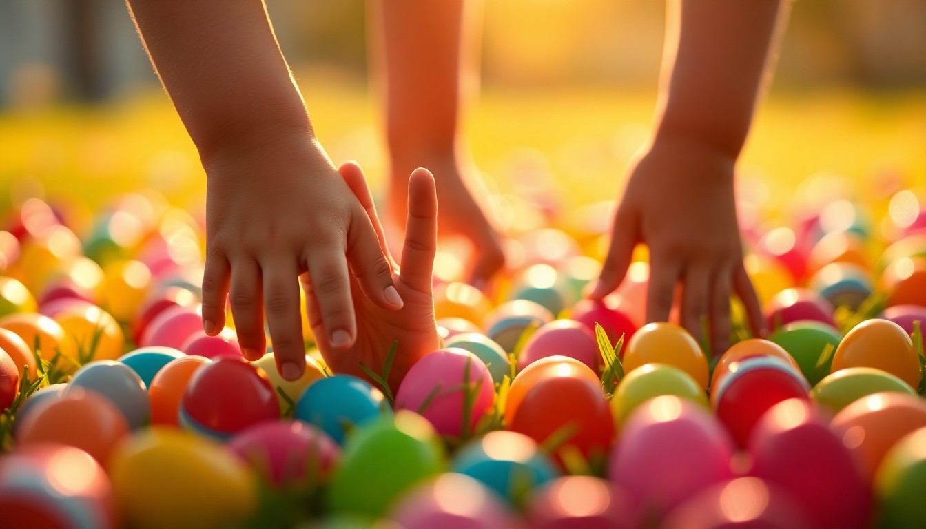 An abstract, impressionistic scene of children's hands reaching into a field of brightly colored Easter eggs, captured in a soft, out-of-focus style with warm, diffused lighting.