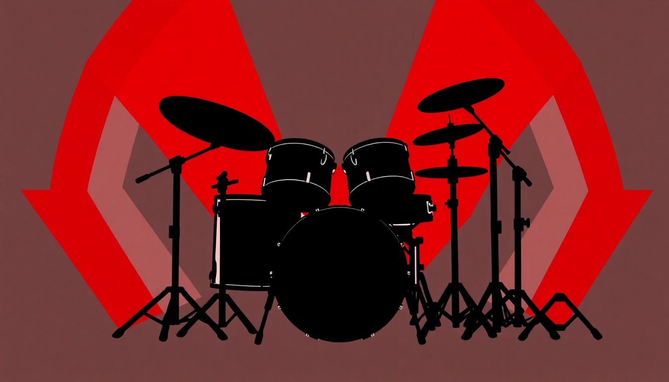 A striking black silhouette of a drum kit surrounded by bold, angular red and white shapes, conveying the visually striking and custom nature of OCDP percussion equipment.