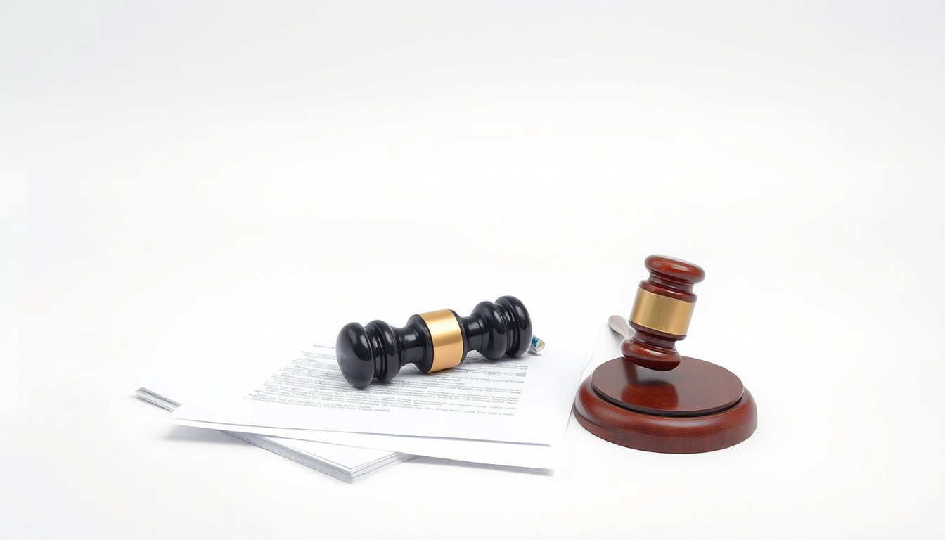 A photorealistic studio still life featuring a stack of legal documents, a gavel, and a calculator arranged on a clean, monochromatic background, conceptually representing the legal process and corporate accountability.