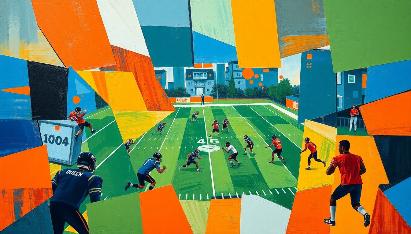 A cubist, geometric painting depicting fragmented scenes of a football practice, with players and equipment broken down into sharp, overlapping shapes in a vibrant color palette.