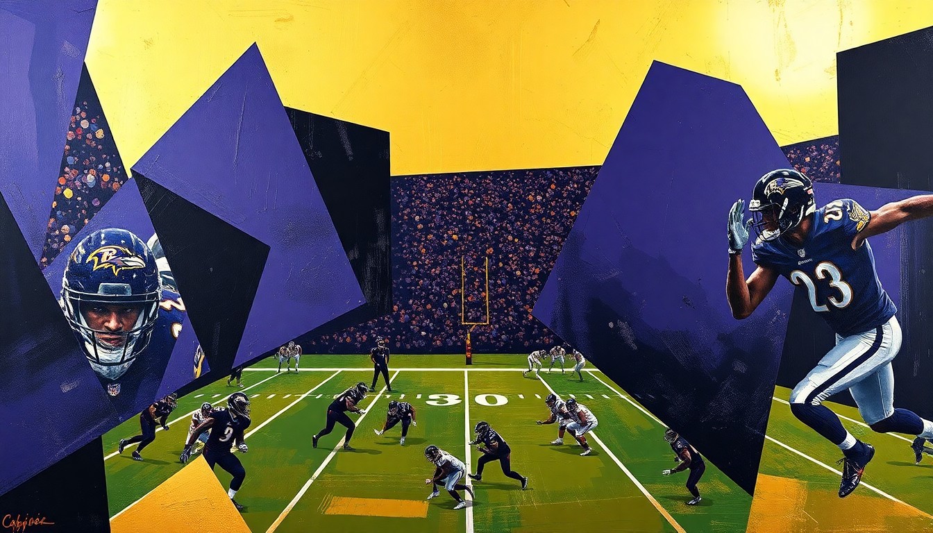 A fragmented, cubist-style painting depicting a Ravens football game, with the players and field broken down into sharp, overlapping geometric shapes in deep purple, black, and gold tones, capturing the team's need to reconstruct key areas of their roster.