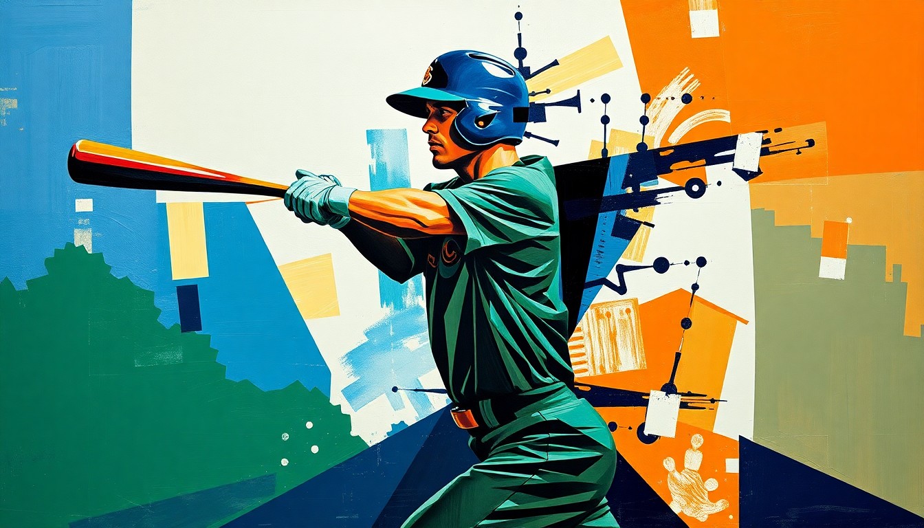 A cubist, geometric painting depicting the fractured, multi-perspective motion of a baseball player's home run swing, using overlapping planes of navy, green, and orange to capture the dynamic energy of the moment.