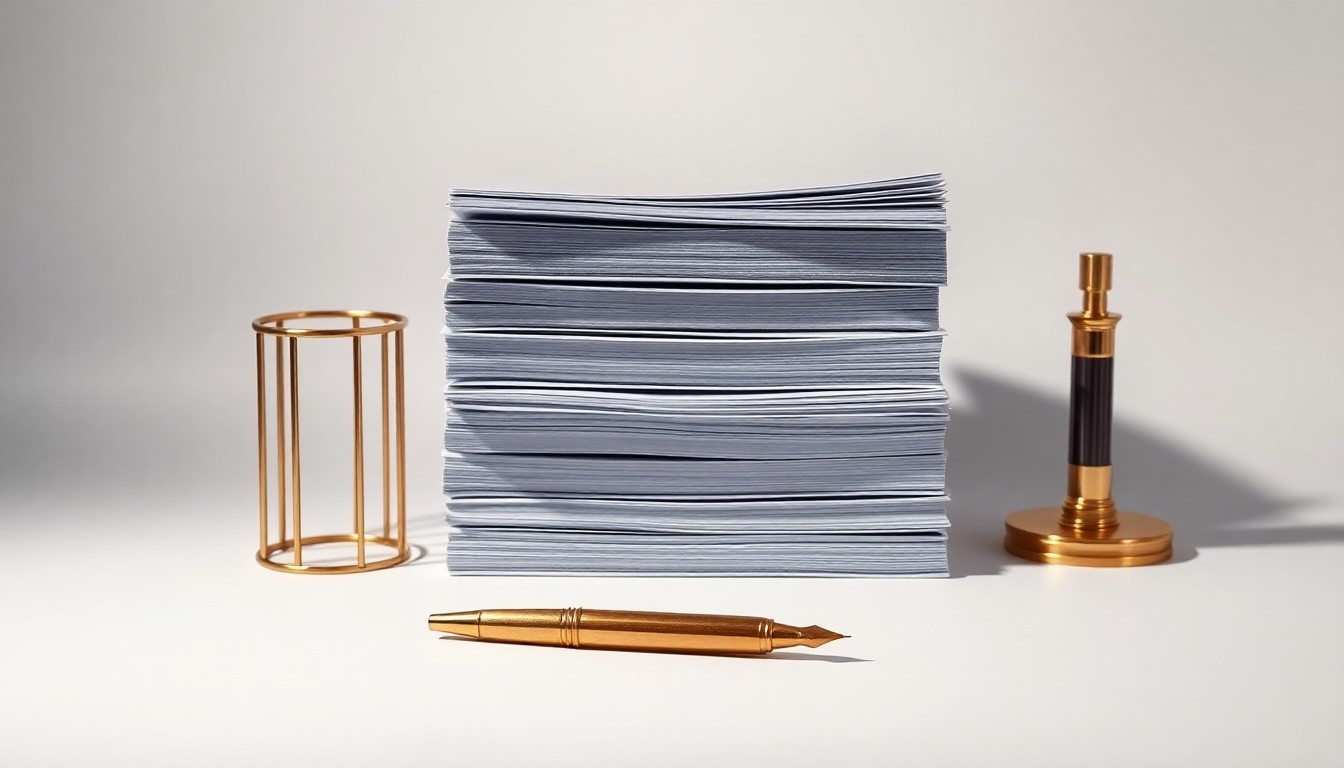 A minimalist studio still life featuring a stack of accounting ledgers, a brass desk organizer, and a single fountain pen arranged elegantly on a clean, monochromatic background, conceptually representing the abstract concepts of municipal finance and fiscal responsibility.