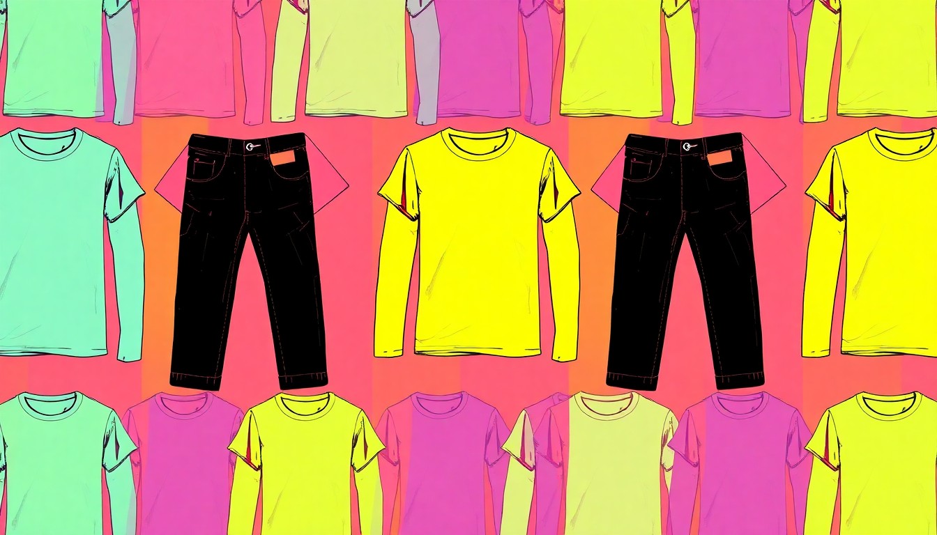 A brightly colored, high-contrast silkscreen print of a single, iconic Abercrombie & Fitch clothing item repeated in a tight grid pattern, conceptually representing the brand's transformation from exclusivity to inclusive, trend-forward fashion.