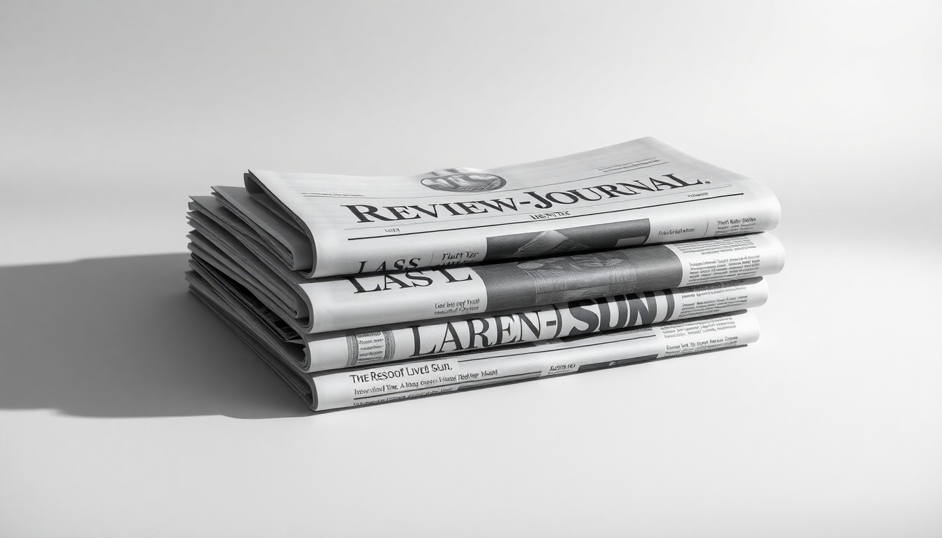 A high-end, photorealistic studio still-life photograph featuring a stack of premium, polished newspapers representing the Las Vegas Review-Journal and Las Vegas Sun, arranged elegantly on a clean, monochromatic background with dramatic studio lighting and deep shadows.
