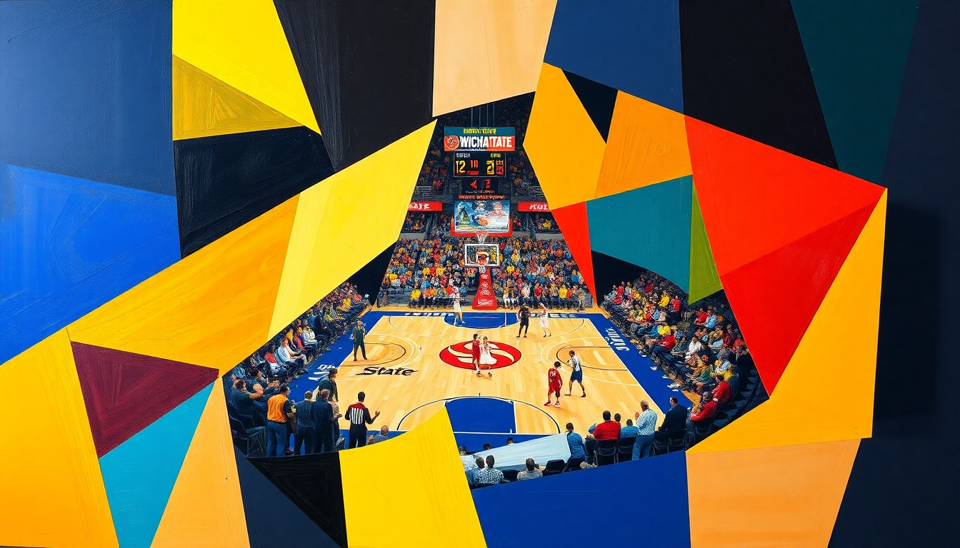 A cubist, geometric painting featuring overlapping planes of the official team colors of Wichita State and Drake, conceptually representing the energy and competition of a basketball game between the two programs.