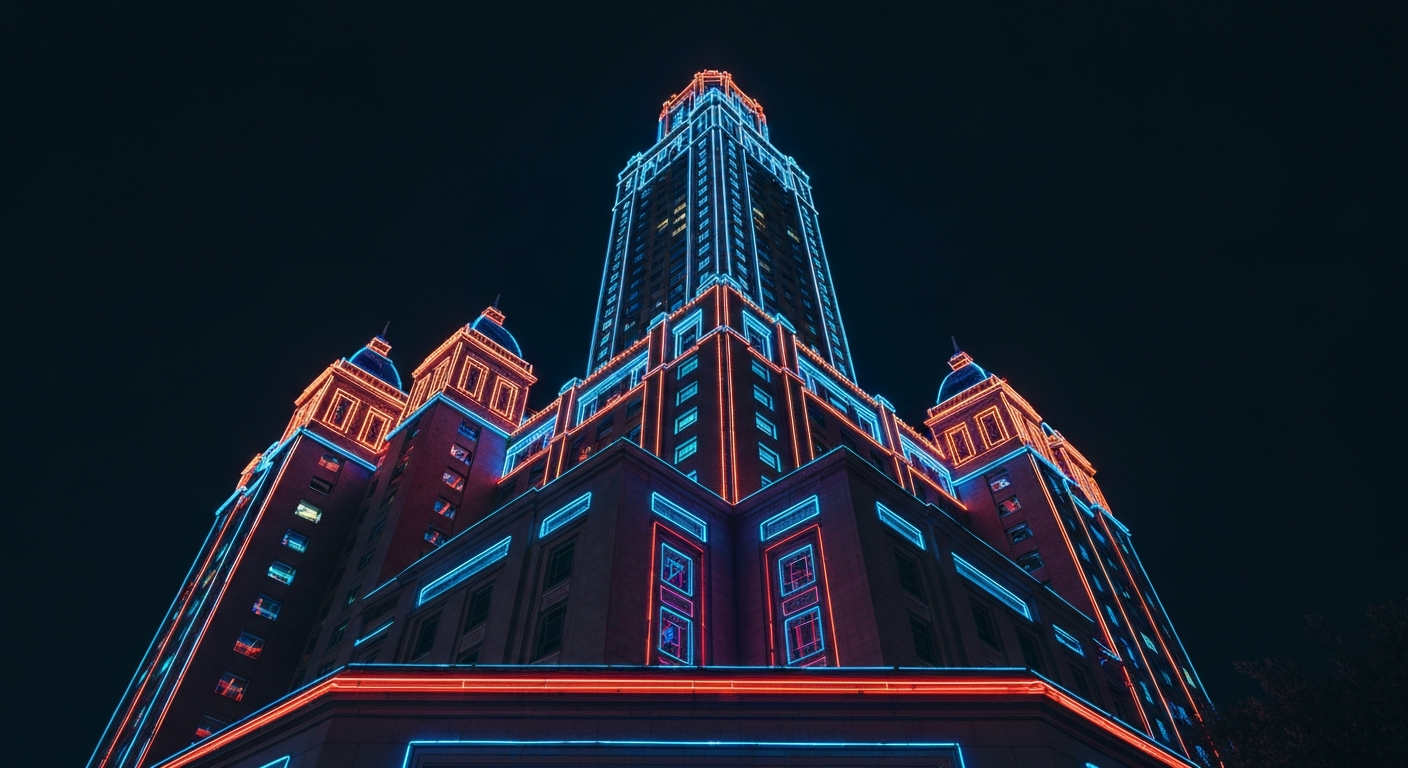 A minimalist design in the style of Keith Haring where the outline of the Supreme Court building is defined entirely by vibrant, glowing neon lines against a deep, dark background, emphasizing the structure's iconic shape and the sense of electricity surrounding the institution.