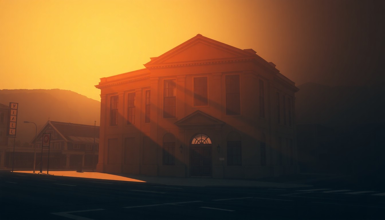 A photorealistic painting of a government building in warm, golden light with deep shadows, conceptually representing the tensions between economic development and community concerns in Hobart.