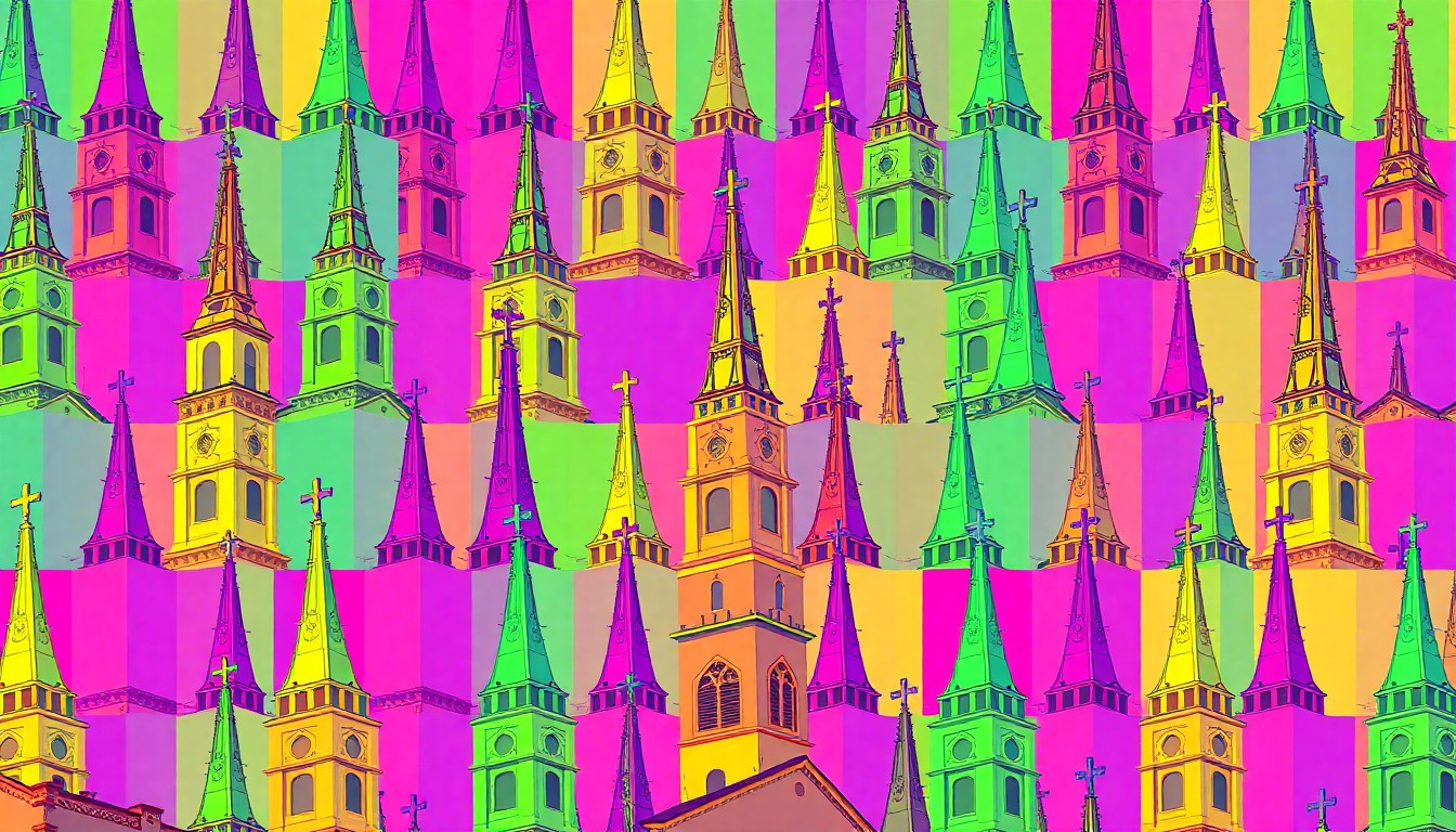A highly stylized, pop art-inspired illustration featuring a repeating pattern of a vintage church steeple in bold, neon colors, conceptually representing the transformation of a historic building into a new community-focused destination.