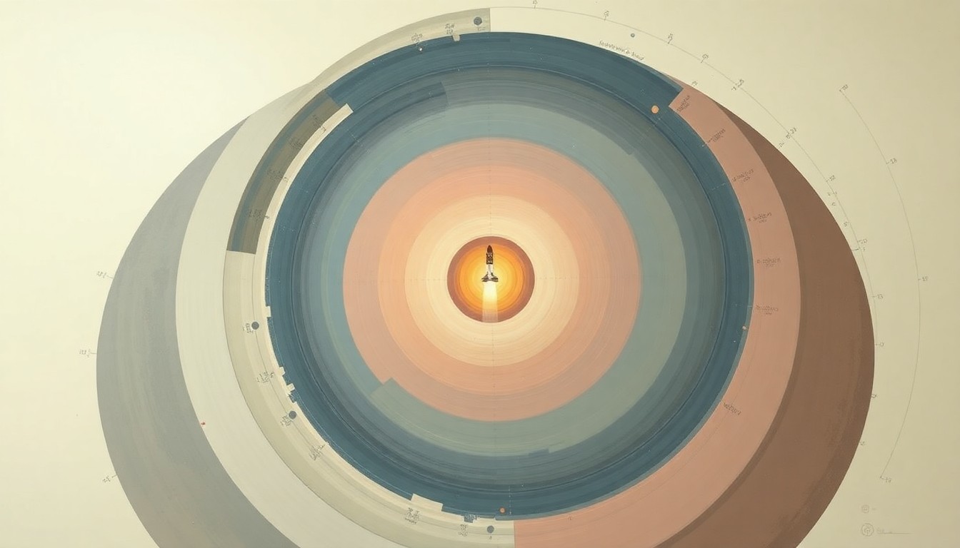 A highly textured, abstract painting in soft blues, greens, and grays, featuring sweeping geometric arcs, concentric circles, and precise technical spirals, conceptually representing the complex engineering and forces behind a small satellite launch.