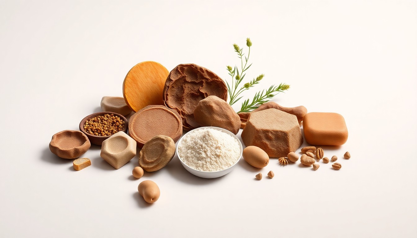 A photorealistic studio still life featuring a collection of polished, geometric food stabilizer ingredients in natural earth-toned colors, arranged elegantly on a clean, monochromatic background to conceptually represent the abstract concepts of food science, quality, and innovation.