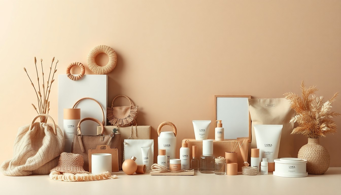 A minimalist studio still life featuring a curated arrangement of high-end fashion accessories, home decor items, and beauty products in muted earth tones, conceptually representing the diverse product selection and value-driven shopping experience of the new TJ Maxx store at Killeen Mall.