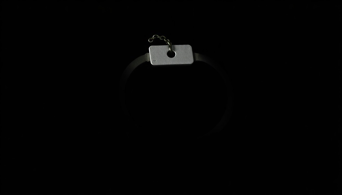 An extreme close-up photograph of a single handcuff against a pitch-black background, conveying the gritty, investigative nature of border enforcement efforts.