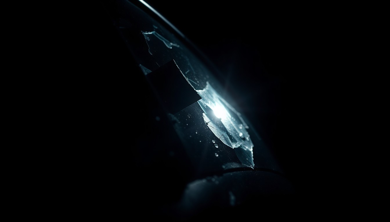 An extreme close-up photograph of a shattered car window or damaged police equipment, lit by a harsh direct flash against a pitch-black background, conceptually illustrating the aftermath of a police pursuit involving a juvenile suspect.