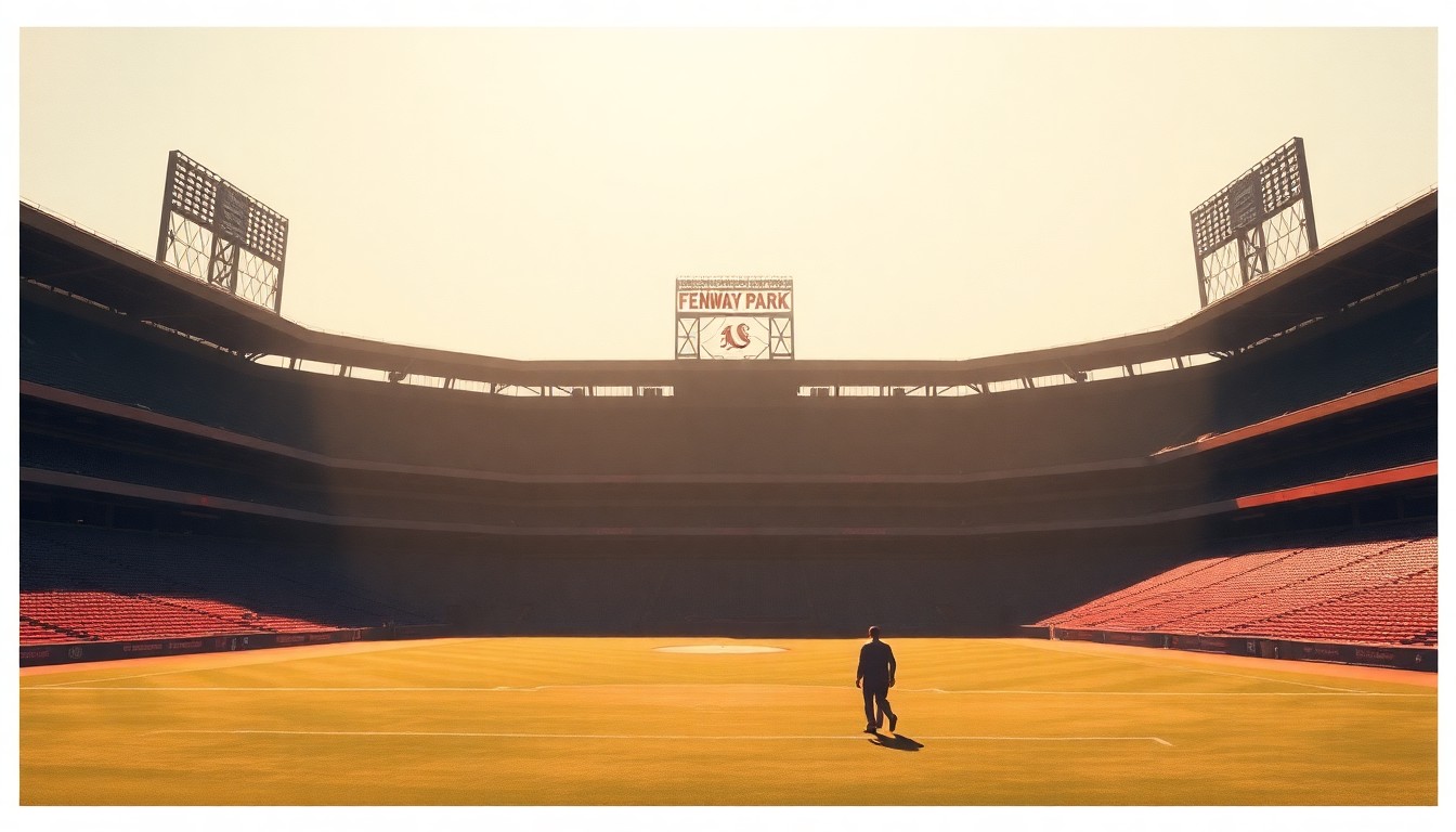A serene, painterly image of an empty Fenway Park baseball stadium, with warm sunlight and deep shadows casting a contemplative mood over the scene, conceptually representing the political tensions that disrupted the celebratory Opening Day festivities.