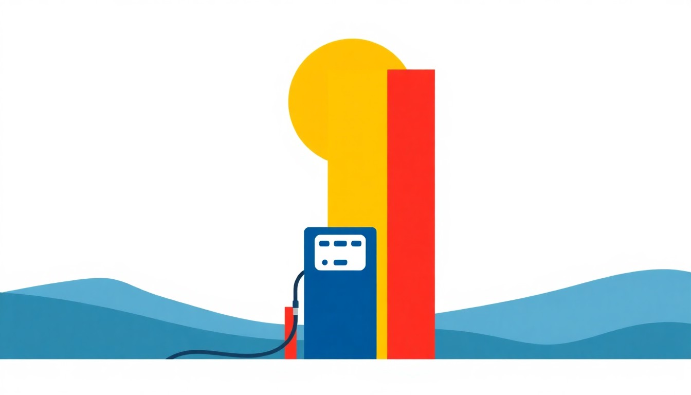 A geometric abstract illustration using bold shapes and primary colors to conceptually represent the rising prices of gas and diesel in the Beaver Valley area.