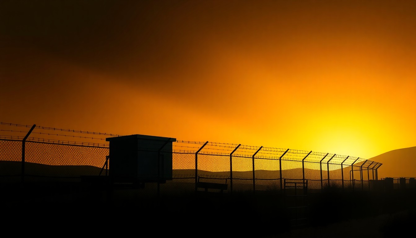A serene, cinematic painting of a lone guard tower at a detention camp, with warm sunlight casting deep shadows across the barbed wire fencing, conveying a sense of isolation and melancholy.
