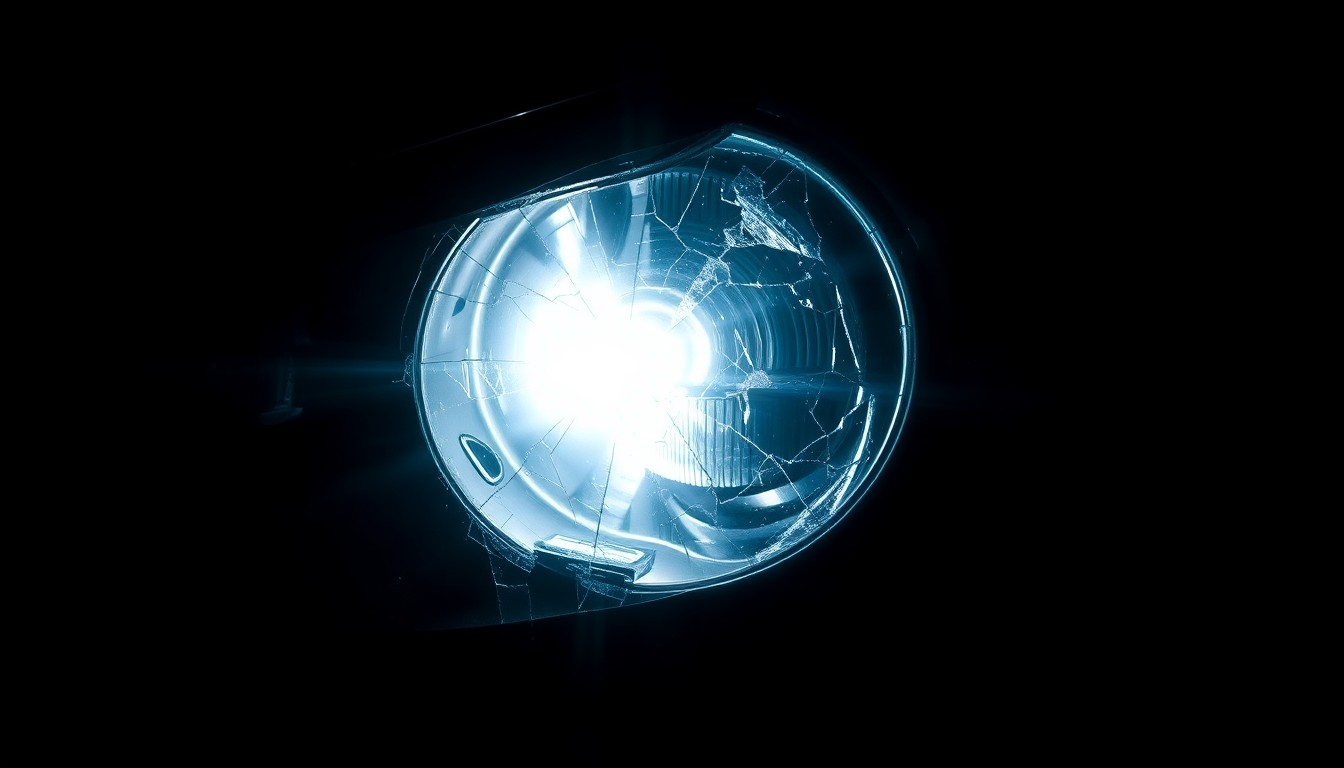An extreme close-up of a shattered car headlight lens reflecting a harsh, direct flash of light, conceptually illustrating the aftermath of a vehicle-pedestrian collision.