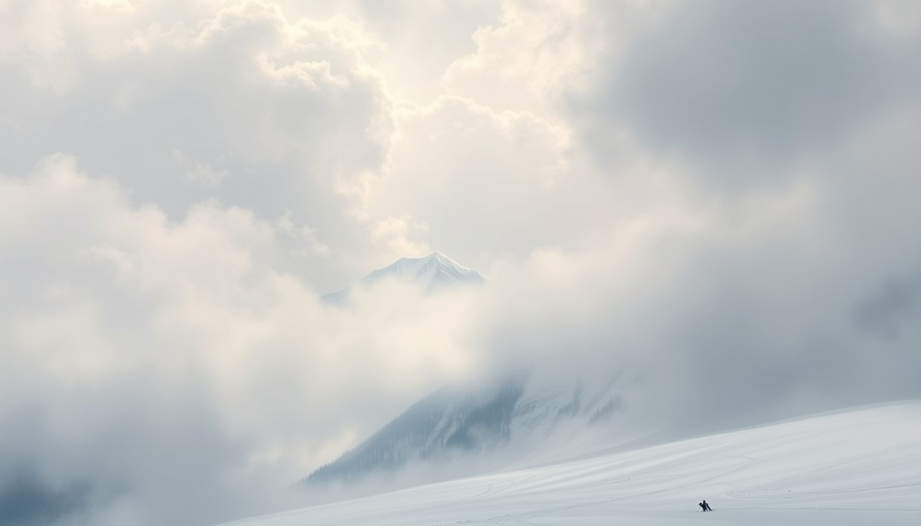 A sweeping, atmospheric landscape painting in muted tones of grey, white, and blue, depicting a mountainside obscured by heavy fog and swirling snowfall, conveying the overwhelming scale and power of the natural environment.