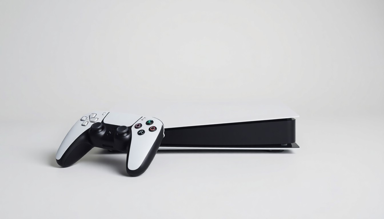 A photorealistic studio still life featuring a sleek black PlayStation 5 console and matching DualSense controller, arranged elegantly on a clean white background to symbolize the abstract corporate strategy behind digital game distribution.