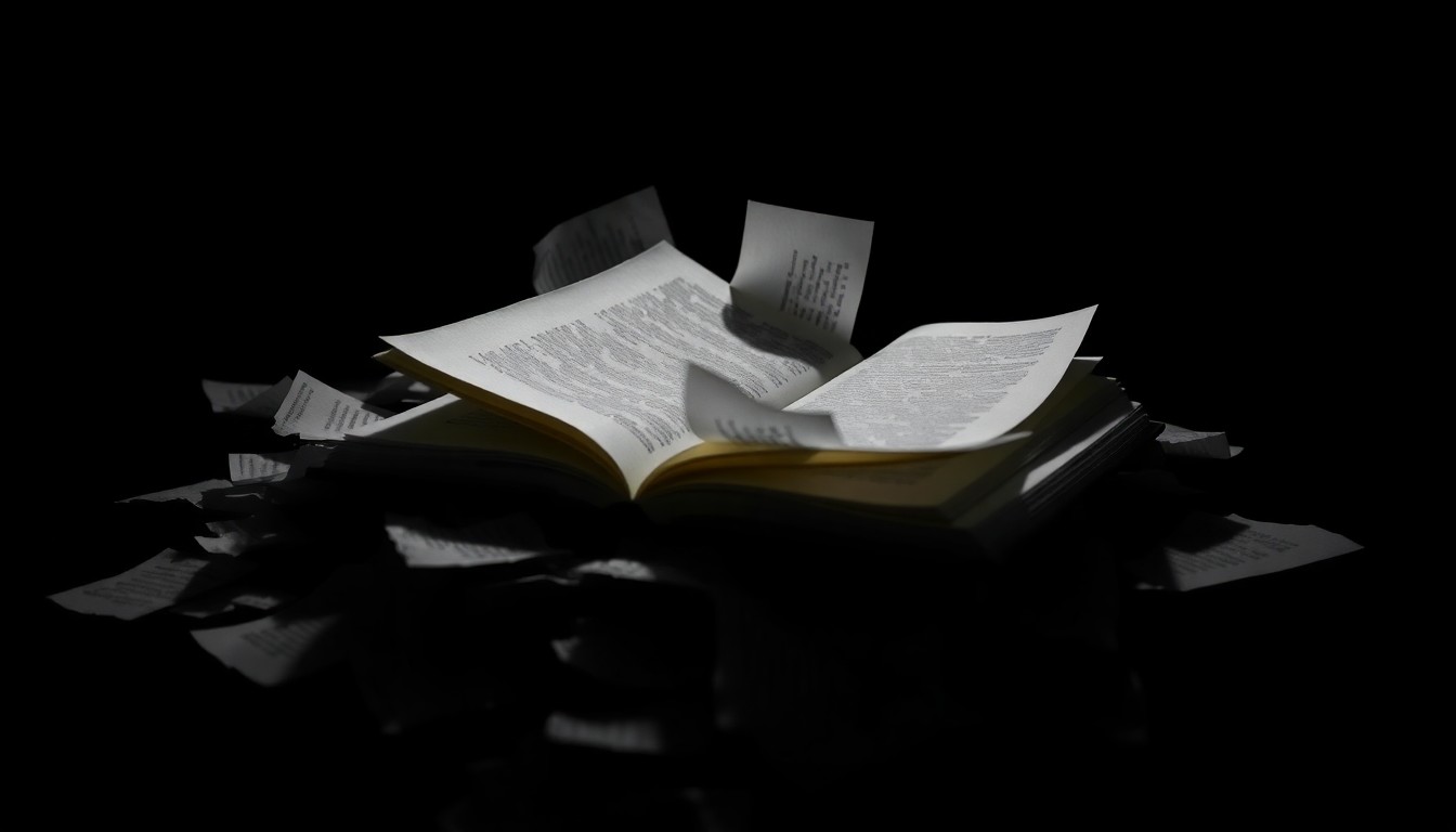 An extreme close-up photograph of a tattered book cover, its pages scattered, conveying a sense of violation and loss through the use of dramatic lighting and a stark, gritty aesthetic.