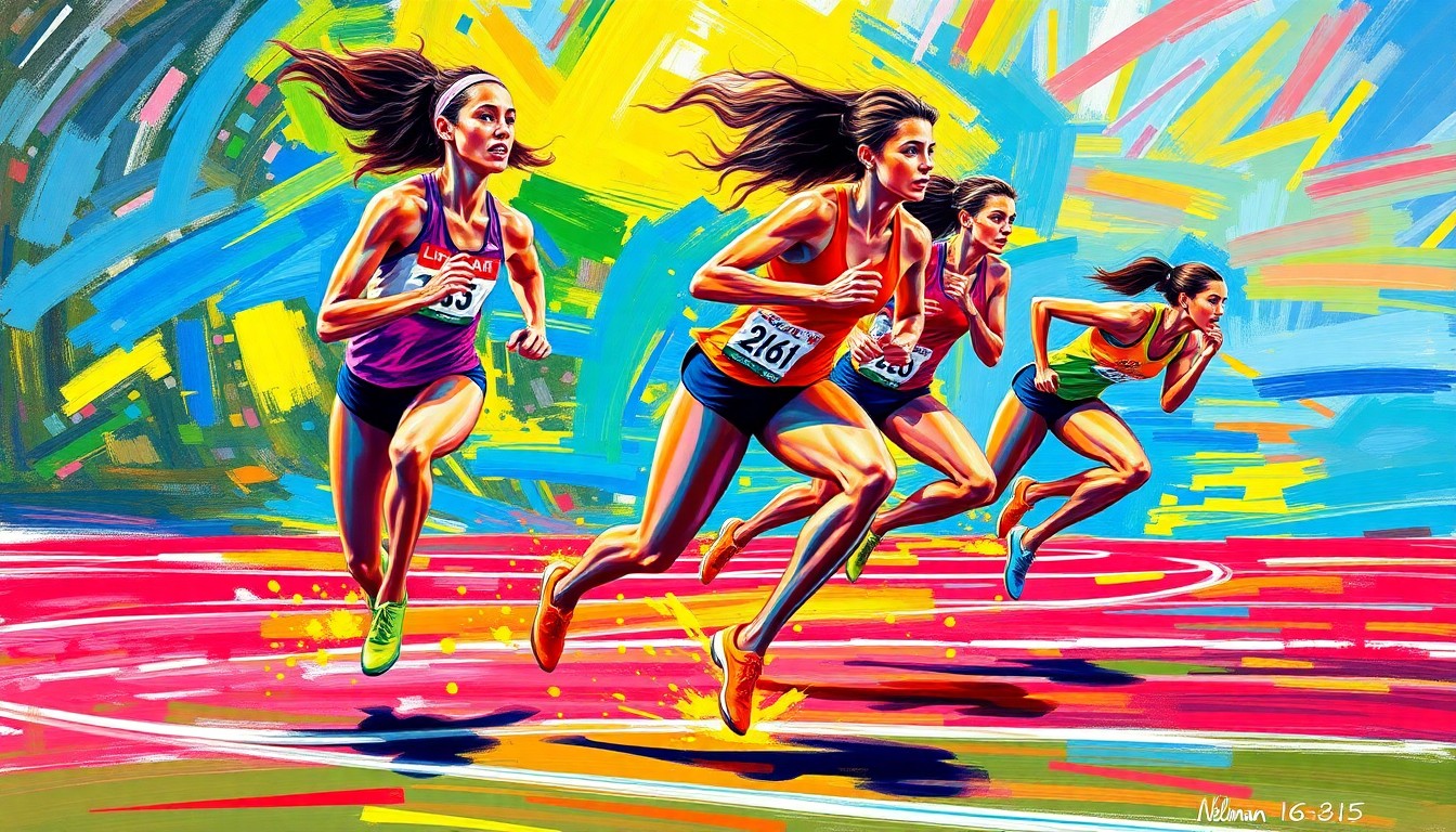 An abstract, expressionist painting in vibrant neon colors, capturing the explosive energy and dynamic movement of female sprinters racing down a track.