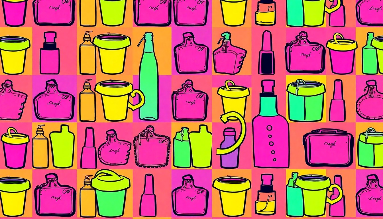 A high-contrast, brightly colored silkscreen print of a coffee cup repeated in a grid pattern, conceptually representing the diverse local businesses and consumer culture of Hoboken and Jersey City.