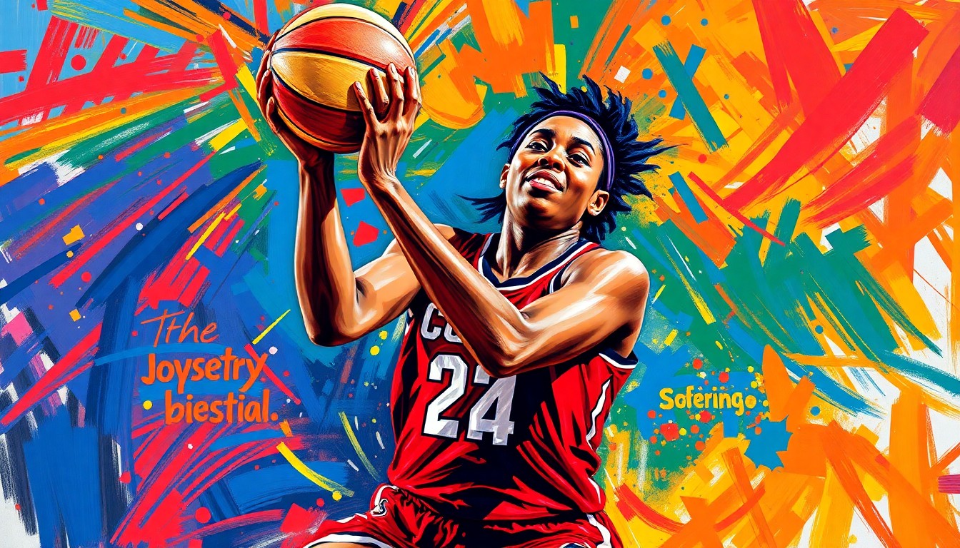 An abstract, energetic painting featuring bold, neon-colored brushstrokes that capture the dynamic movement and scoring ability of a basketball player, representing South Carolina's Joyce Edwards and her record-breaking season.