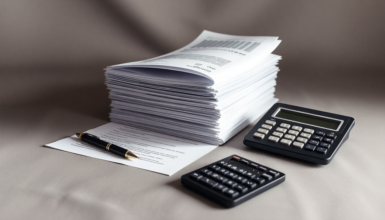 A minimalist studio still life featuring a stack of financial documents, a pen, and a calculator arranged on a clean, monochromatic background, conceptually representing the corporate strategy and financial challenges facing the Applebee's franchisee.