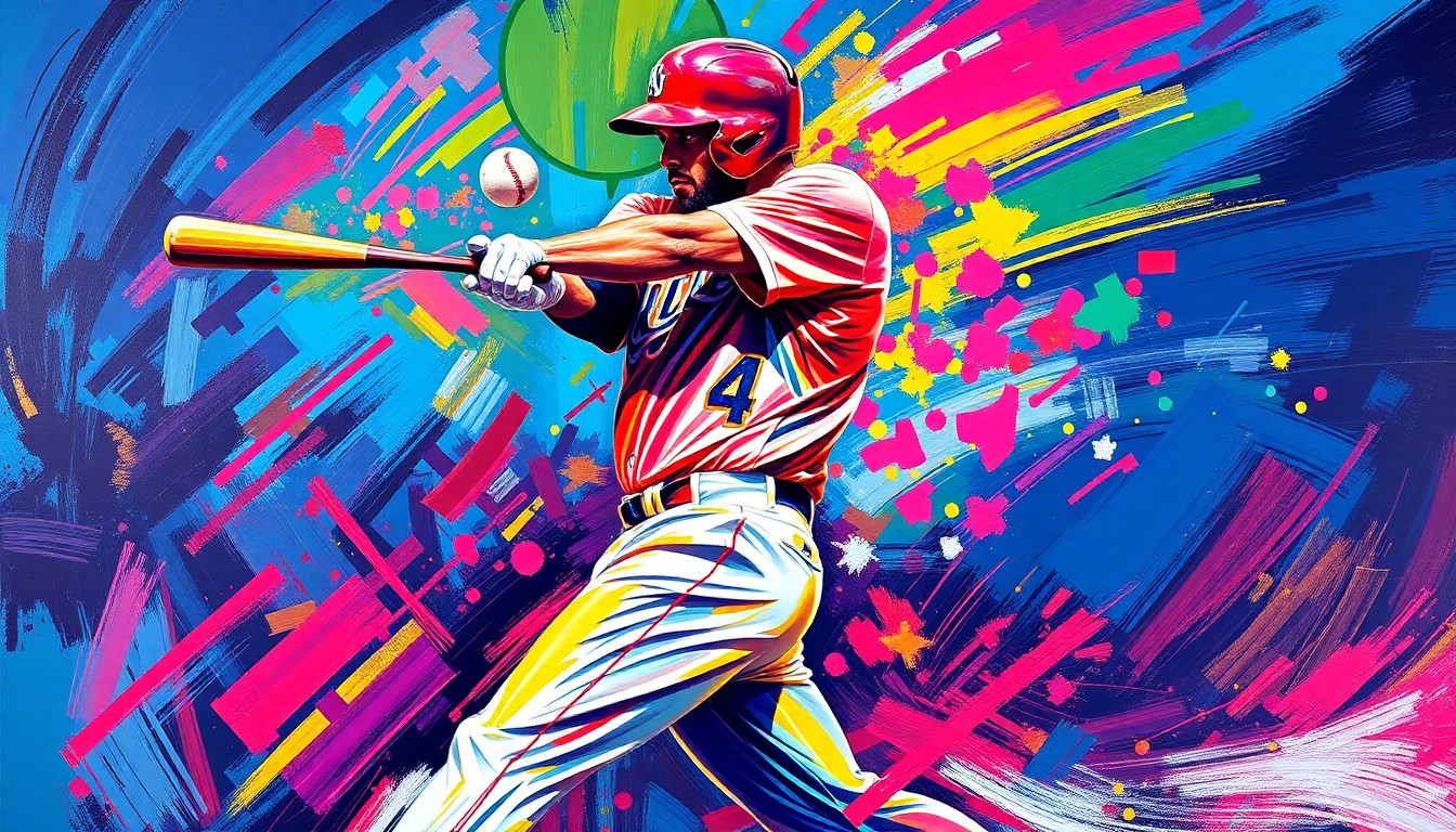 A dynamic, colorful painting featuring a baseball player mid-swing, the ball blurring into a neon streak as it leaves the bat, capturing the raw energy and power of the moment.