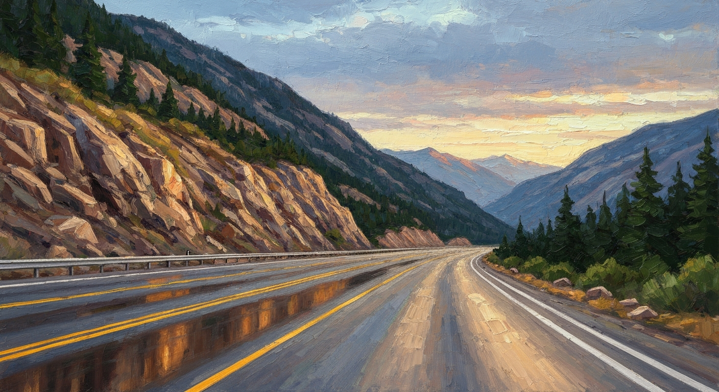 A heavily textured oil painting landscape showing a winding mountain highway cutting through a forested terrain, with the road surface reflecting the warm hues of the sky above, conceptually representing the upcoming paving project on U.S. Highway 12.