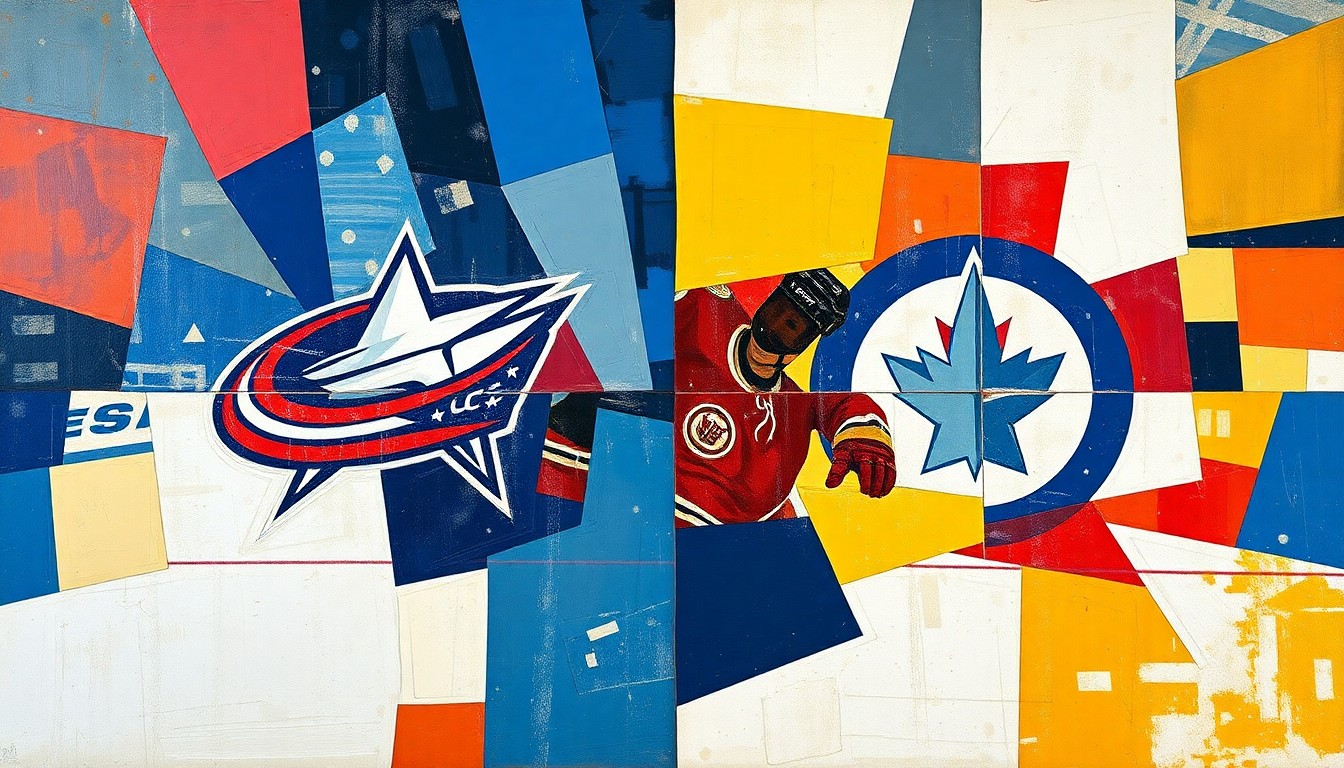 A cubist, geometric painting depicting a hockey game between the Columbus Blue Jackets and Winnipeg Jets, with the players and action broken down into overlapping angular shapes and planes in the teams' official colors.