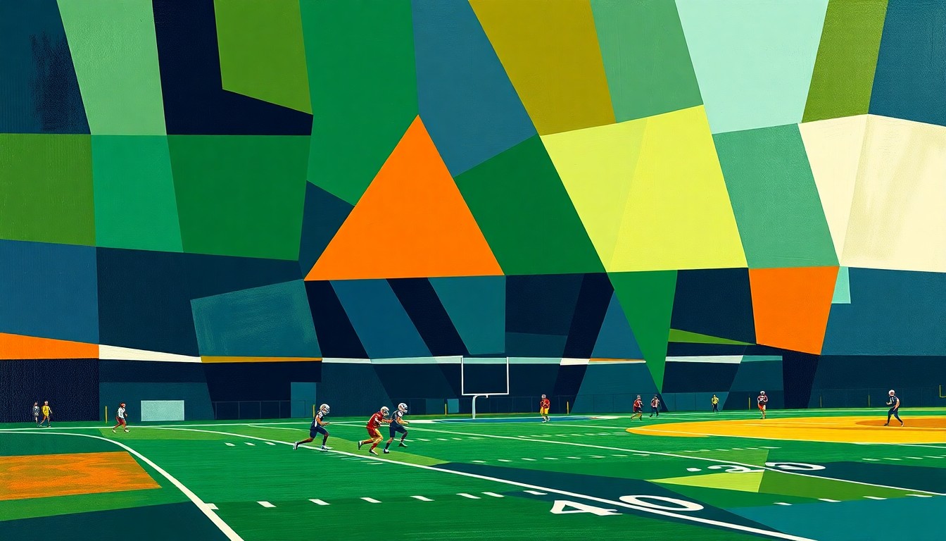 A cubist, geometric painting depicting fragmented, overlapping shapes and planes in navy blue, forest green, and burnt orange, conceptually representing the disjointed logistics of scheduling a high school football game.