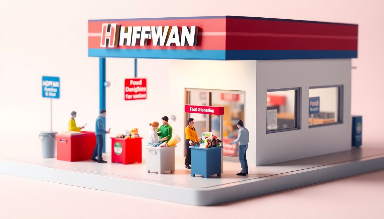 A highly stylized, isometric 3D digital illustration depicting a miniature Hoffman Car Wash location, with a prominent food donation bin in the foreground and customers dropping off non-perishable items, all set against a clean, pastel-colored background with dramatic lighting.